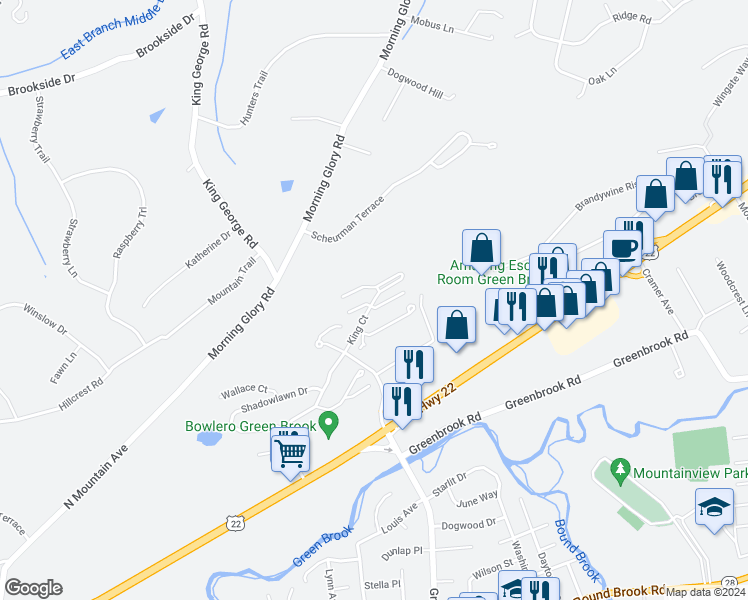 map of restaurants, bars, coffee shops, grocery stores, and more near 1311-1334 King Court in Green Brook Township