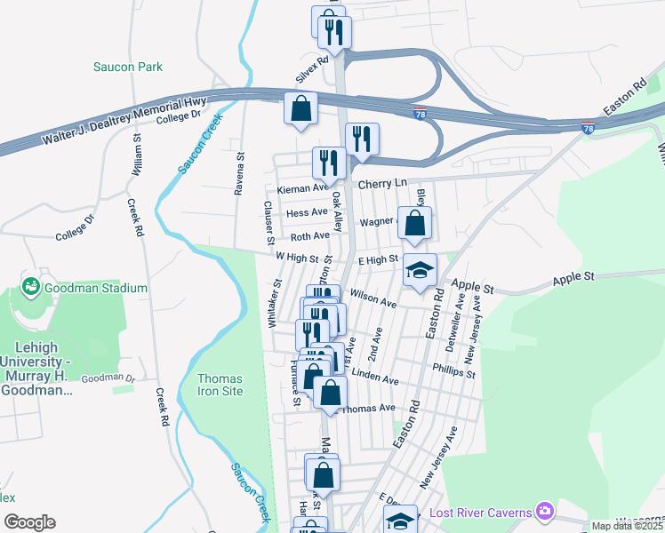 map of restaurants, bars, coffee shops, grocery stores, and more near 28 West High Street in Hellertown