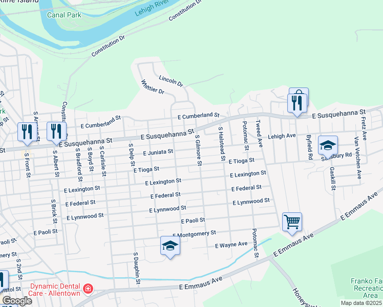 map of restaurants, bars, coffee shops, grocery stores, and more near 627 East Tioga Street in Allentown