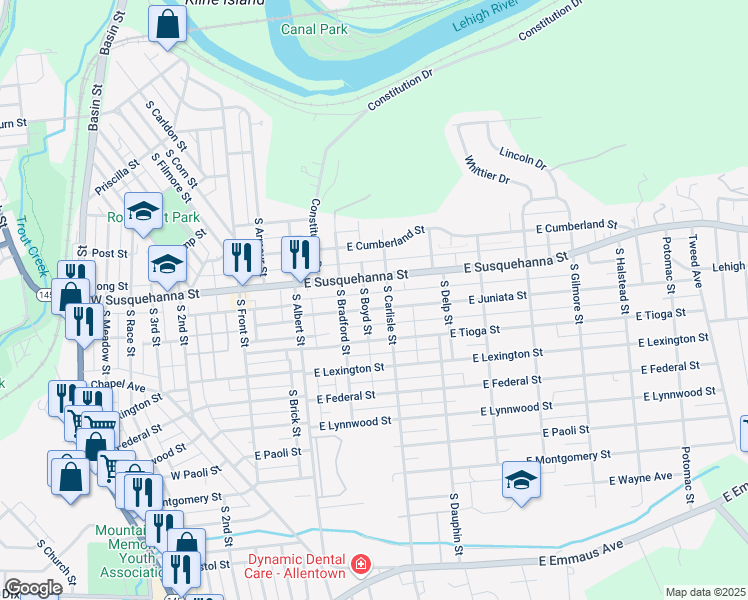 map of restaurants, bars, coffee shops, grocery stores, and more near 242 East Juniata Street in Allentown
