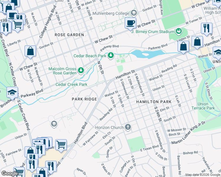 map of restaurants, bars, coffee shops, grocery stores, and more near 2615 Walnut Street in Allentown
