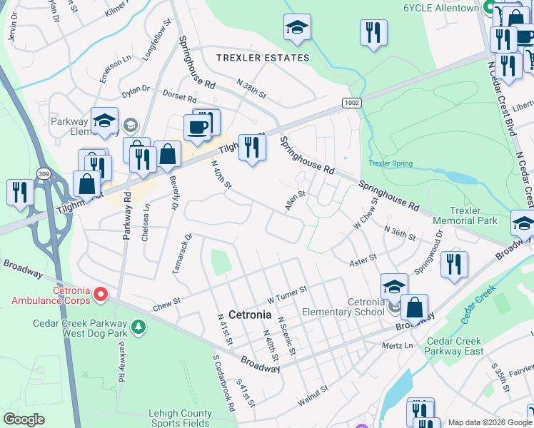 map of restaurants, bars, coffee shops, grocery stores, and more near 4013 Page Street in Allentown