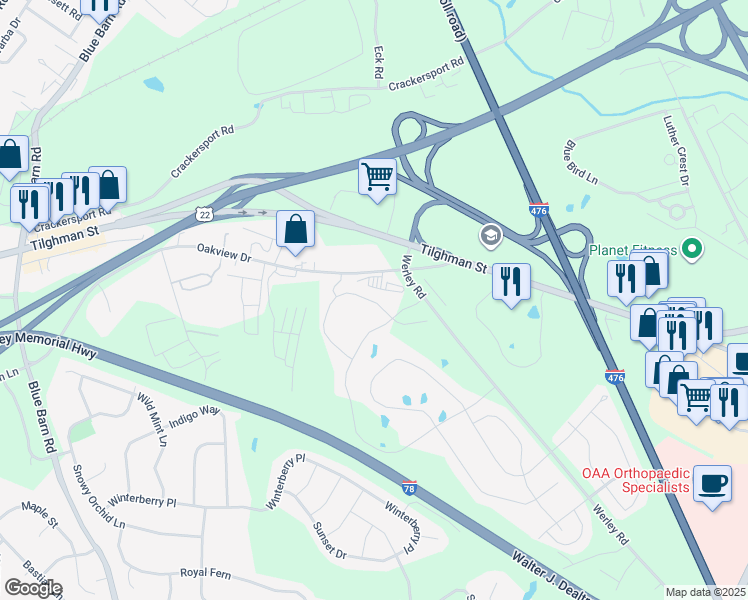 map of restaurants, bars, coffee shops, grocery stores, and more near 721 Rockrose Lane in Allentown