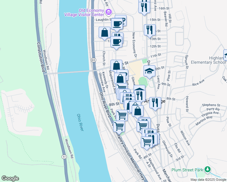 map of restaurants, bars, coffee shops, grocery stores, and more near 836 Maplewood Avenue in Ambridge