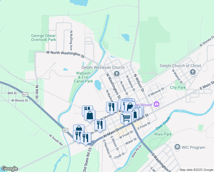 map of restaurants, bars, coffee shops, grocery stores, and more near 637 North Market Street in Delphi