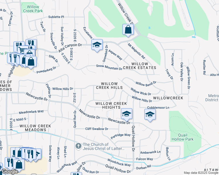 map of restaurants, bars, coffee shops, grocery stores, and more near 8848 South Willow Hills Court in Sandy