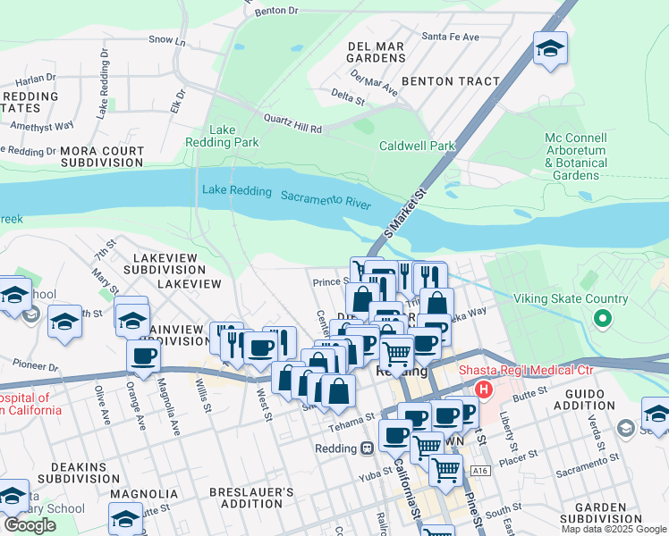 map of restaurants, bars, coffee shops, grocery stores, and more near 830 California Street in Redding