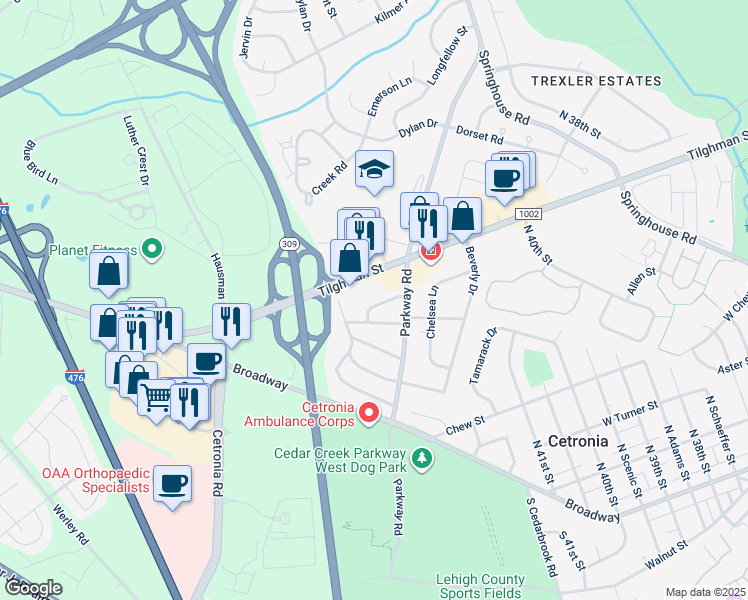 map of restaurants, bars, coffee shops, grocery stores, and more near 4235 Manor Drive in Allentown