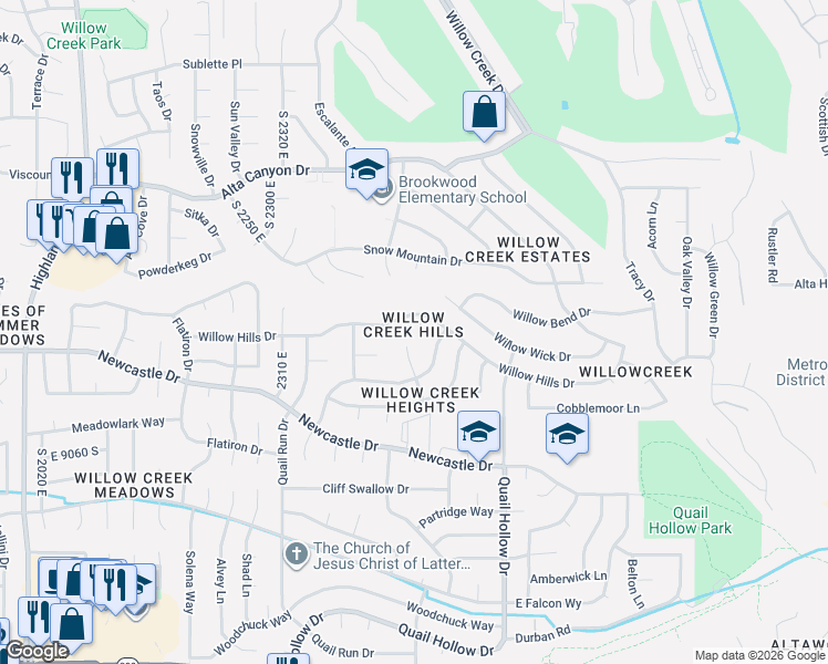 map of restaurants, bars, coffee shops, grocery stores, and more near 8848 South Willow Hills Court in Sandy