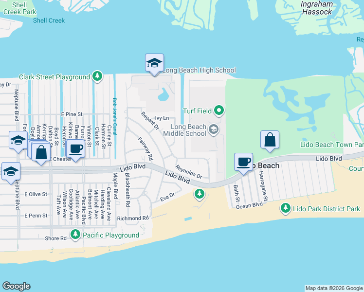 map of restaurants, bars, coffee shops, grocery stores, and more near 163 School Lane in Lido Beach