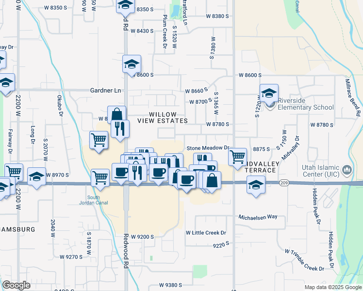 map of restaurants, bars, coffee shops, grocery stores, and more near 8858 South Willow Wood Drive in Draper