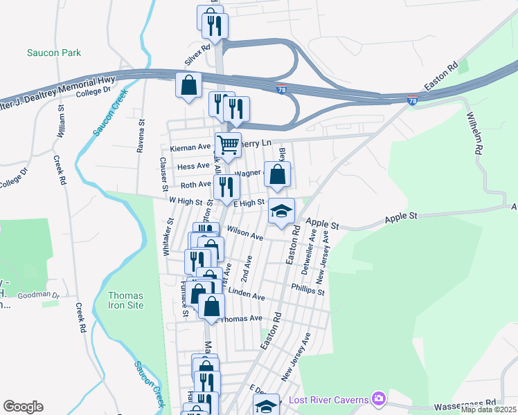 map of restaurants, bars, coffee shops, grocery stores, and more near 1452 2nd Avenue in Hellertown