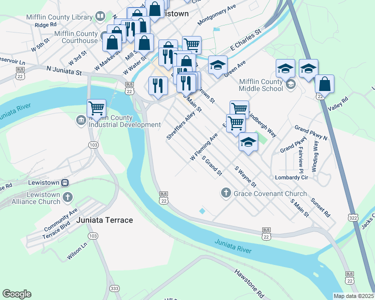 map of restaurants, bars, coffee shops, grocery stores, and more near 433 Clinton Alley in Lewistown