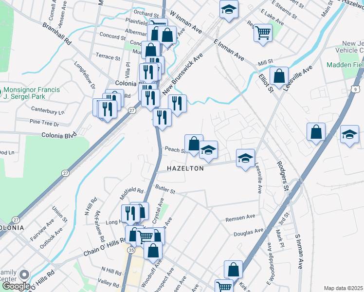 map of restaurants, bars, coffee shops, grocery stores, and more near 116 Peach Street in Woodbridge Township