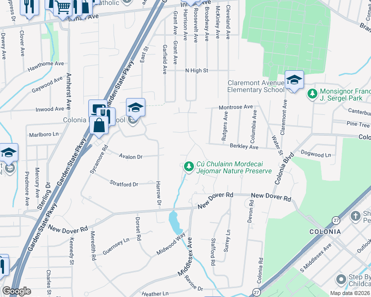 map of restaurants, bars, coffee shops, grocery stores, and more near 124 Chelsea Lane in Woodbridge Township