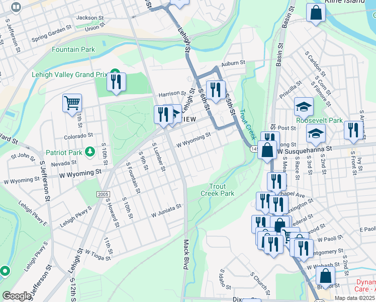 map of restaurants, bars, coffee shops, grocery stores, and more near 1020 South Hall Street in Allentown