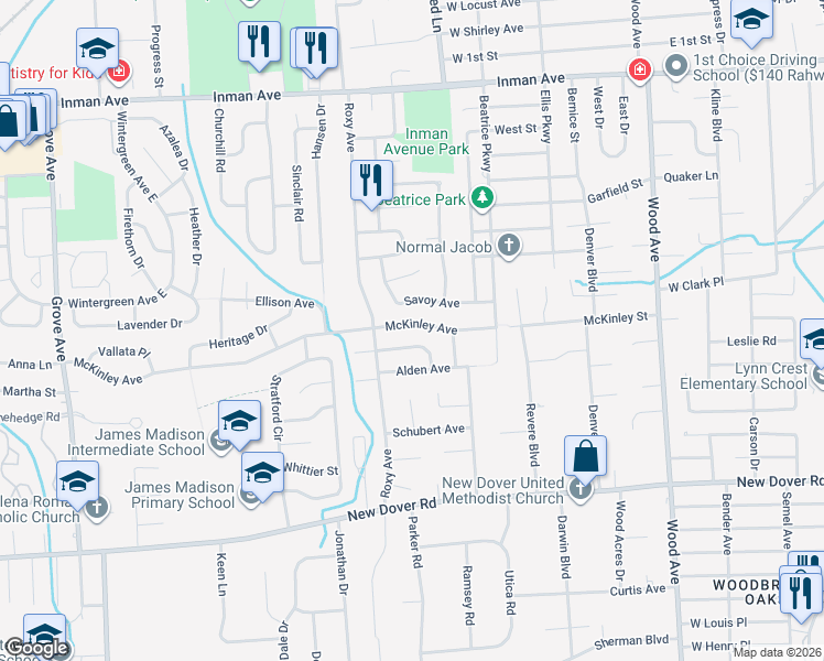 map of restaurants, bars, coffee shops, grocery stores, and more near 12 Yardley Street in Edison