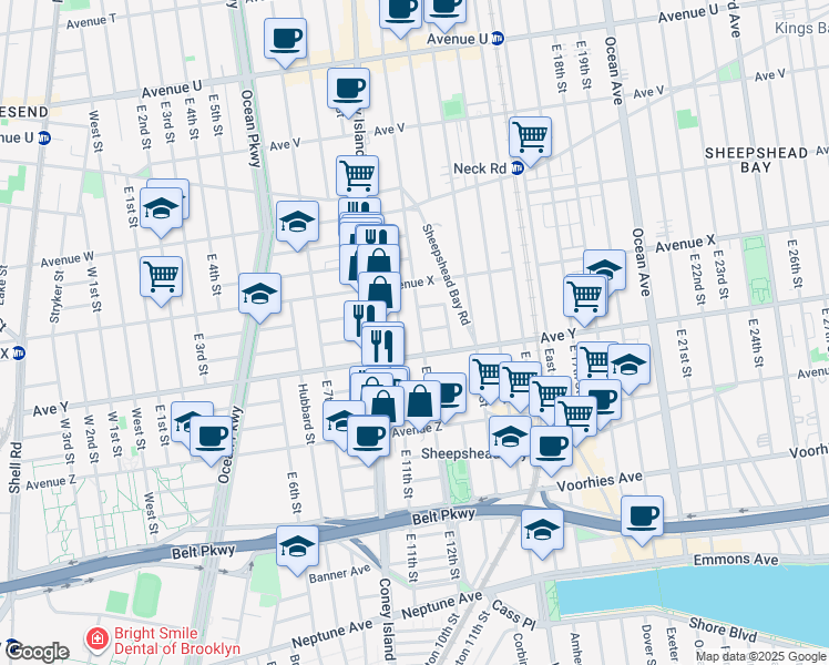 map of restaurants, bars, coffee shops, grocery stores, and more near 2470 East 12th Street in Brooklyn