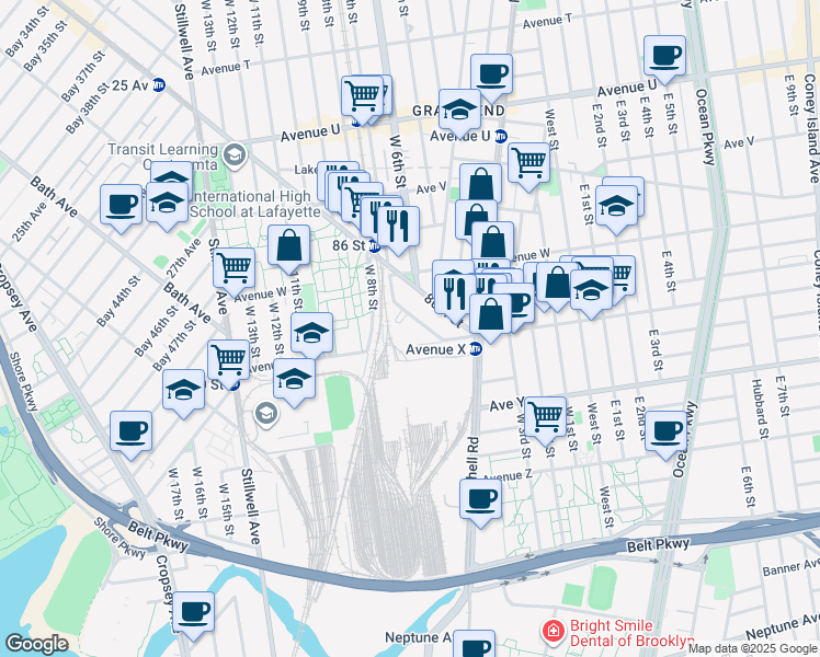 map of restaurants, bars, coffee shops, grocery stores, and more near 2362 West 7th Street in Brooklyn