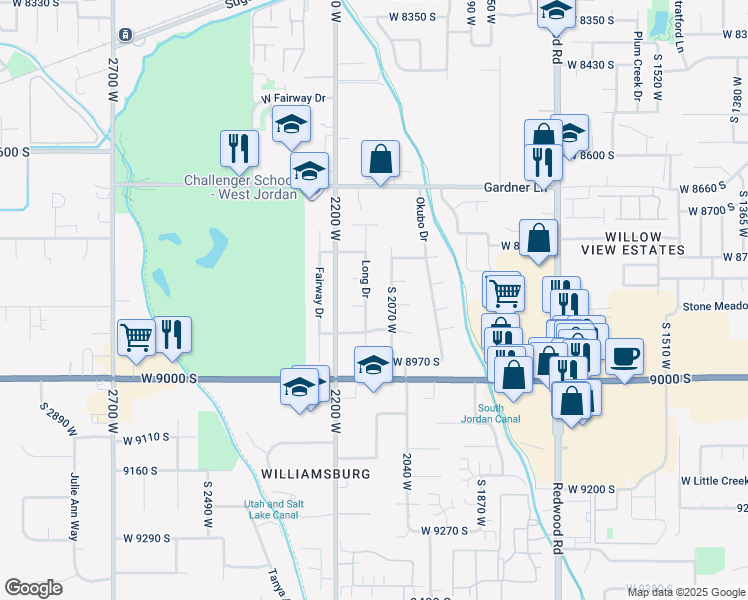 map of restaurants, bars, coffee shops, grocery stores, and more near 8859 South Long Drive in West Jordan