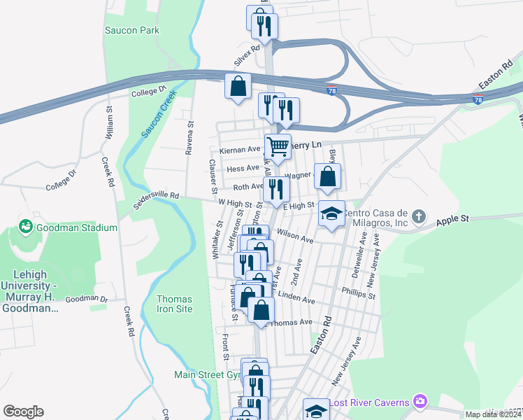 map of restaurants, bars, coffee shops, grocery stores, and more near 28 West High Street in Hellertown