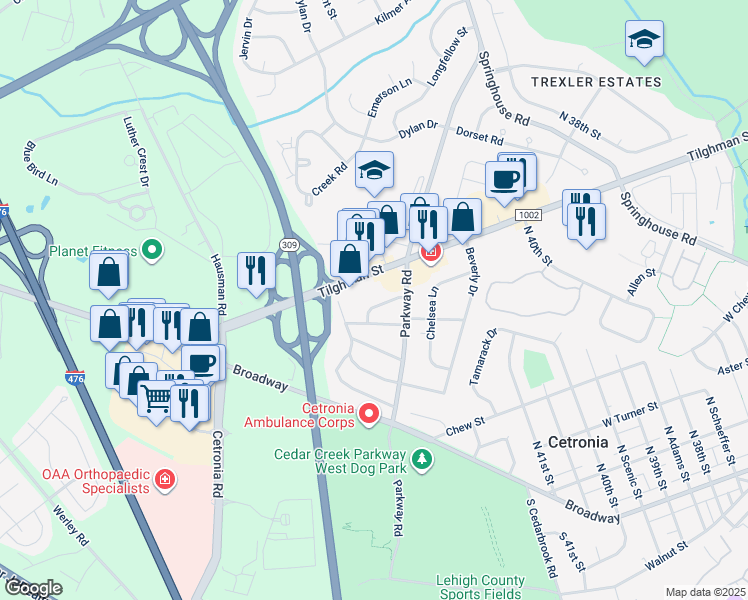 map of restaurants, bars, coffee shops, grocery stores, and more near 4235 Manor Drive in Allentown