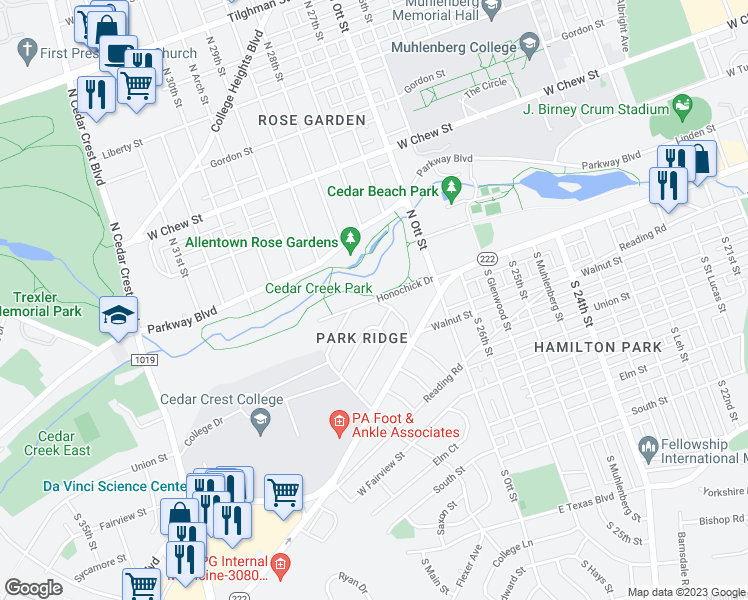 map of restaurants, bars, coffee shops, grocery stores, and more near 1 Park Boulevard in Allentown