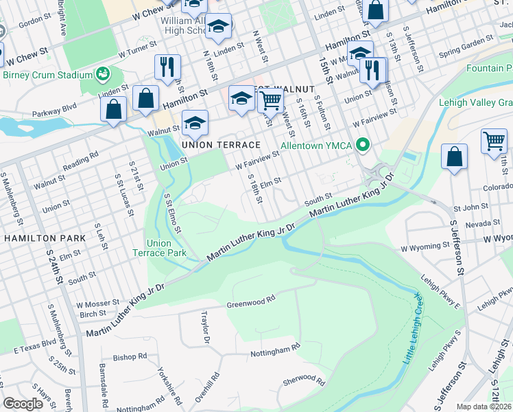 map of restaurants, bars, coffee shops, grocery stores, and more near 438 South 18th Street in Allentown