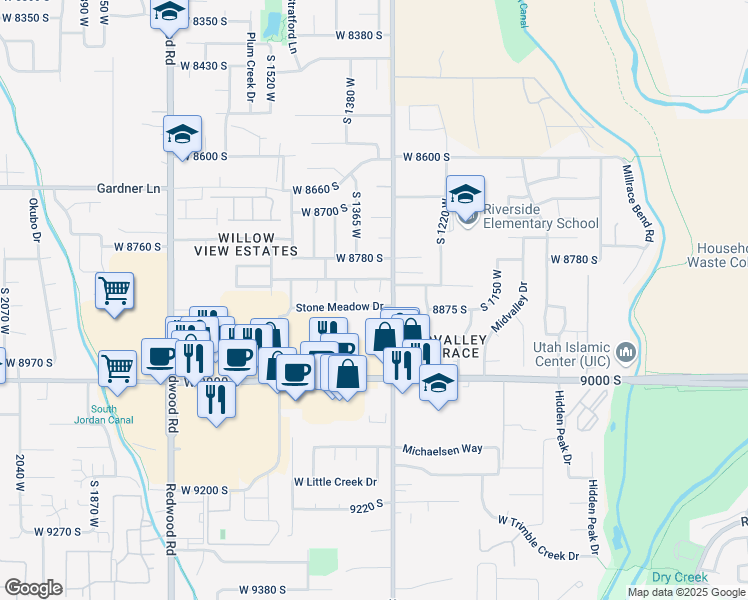 map of restaurants, bars, coffee shops, grocery stores, and more near 1332 Stone Meadow Drive in West Jordan