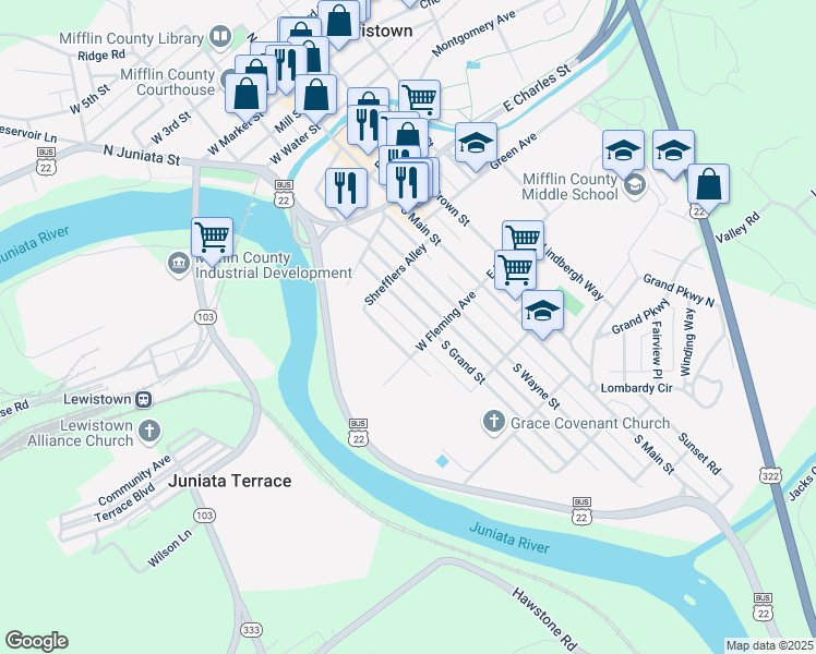map of restaurants, bars, coffee shops, grocery stores, and more near 433 Clinton Alley in Lewistown