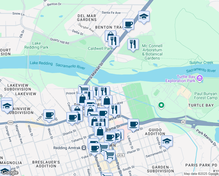 map of restaurants, bars, coffee shops, grocery stores, and more near 1055 Gilbert Street in Redding