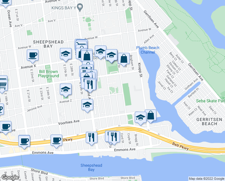 map of restaurants, bars, coffee shops, grocery stores, and more near 3011 Avenue Z in Brooklyn