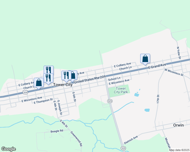 map of restaurants, bars, coffee shops, grocery stores, and more near 837 E Grand Ave in Tower City