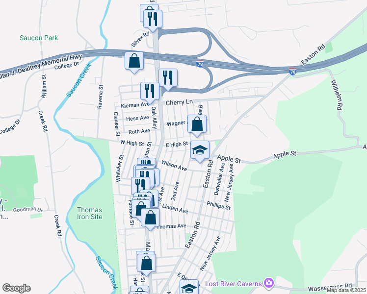 map of restaurants, bars, coffee shops, grocery stores, and more near 1452 2nd Avenue in Hellertown