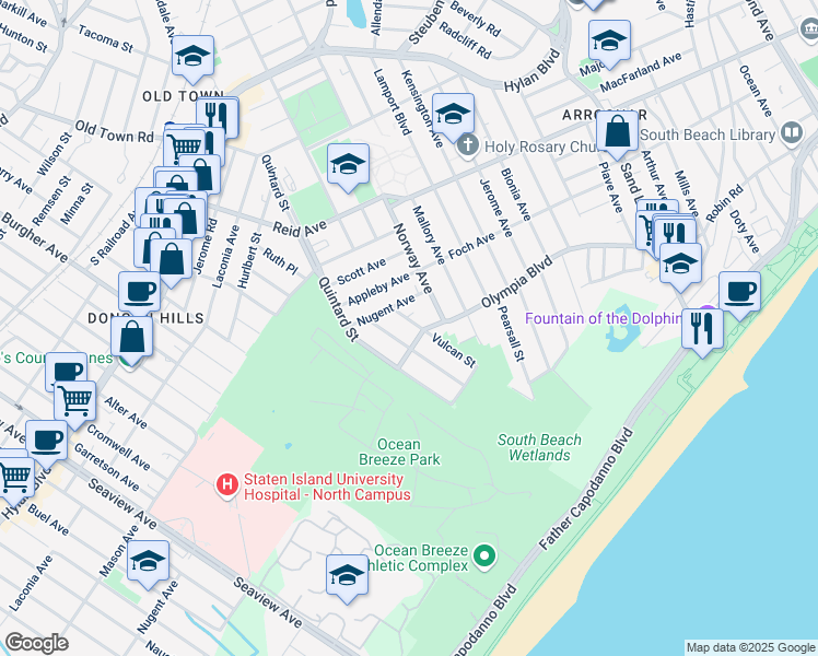 map of restaurants, bars, coffee shops, grocery stores, and more near 28 Vulcan Street in Staten Island