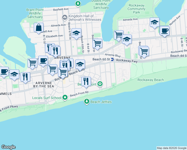 map of restaurants, bars, coffee shops, grocery stores, and more near 6316 Ocean Avenue North in Queens