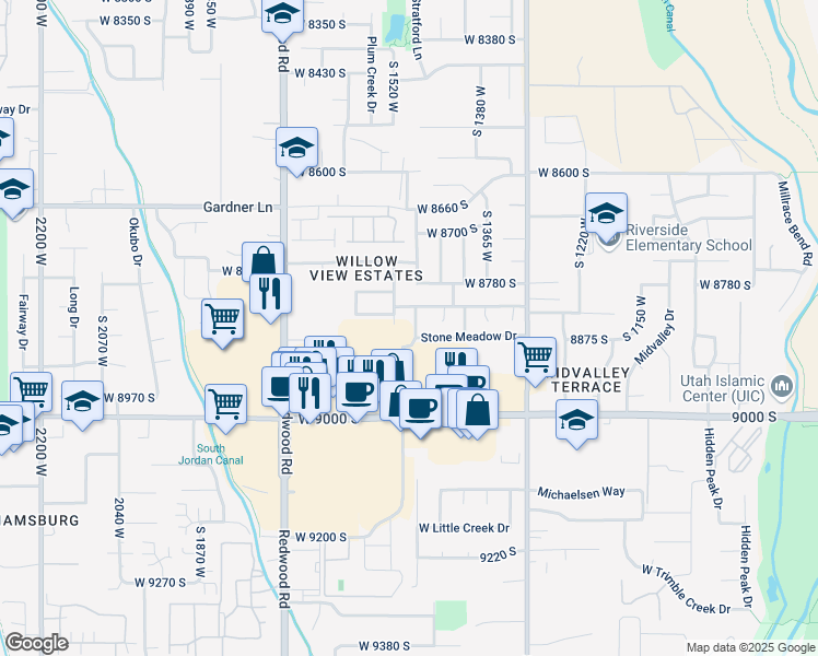 map of restaurants, bars, coffee shops, grocery stores, and more near 8854 Willow Wood Way in West Jordan