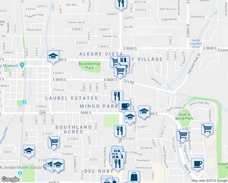 map of restaurants, bars, coffee shops, grocery stores, and more near 8850 S 700 E in Sandy