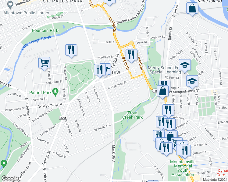 map of restaurants, bars, coffee shops, grocery stores, and more near 1016 South Hall Street in Allentown