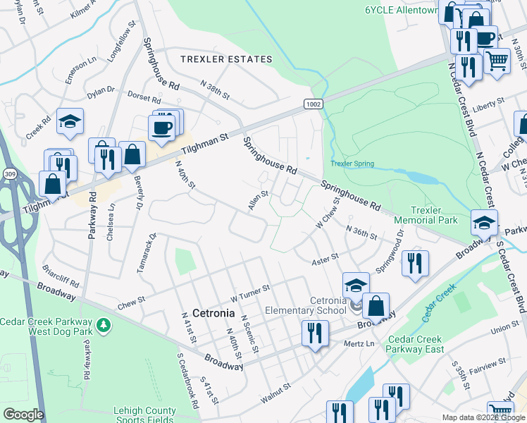 map of restaurants, bars, coffee shops, grocery stores, and more near 503 North 40th Street in Allentown