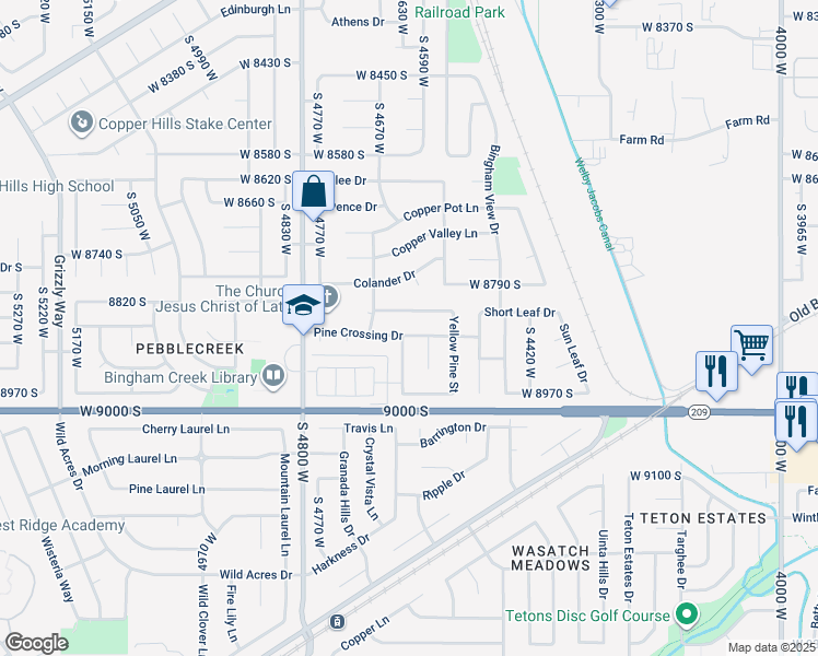 map of restaurants, bars, coffee shops, grocery stores, and more near 4624 Pine Crossing Drive in West Jordan
