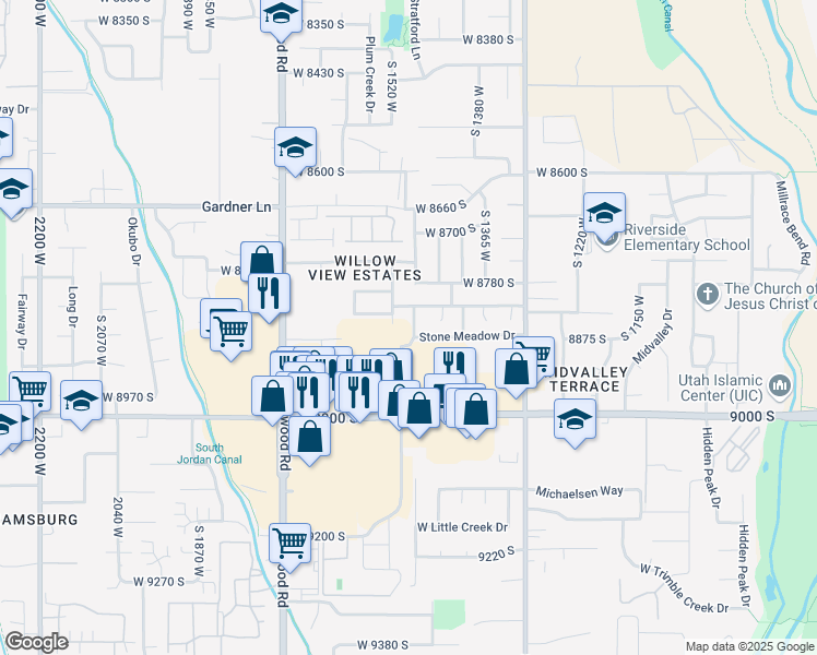 map of restaurants, bars, coffee shops, grocery stores, and more near 8854 Willow Wood Way in West Jordan