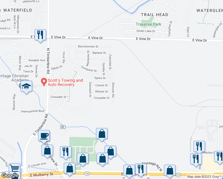 map of restaurants, bars, coffee shops, grocery stores, and more near 3021 Reliant Street in Fort Collins