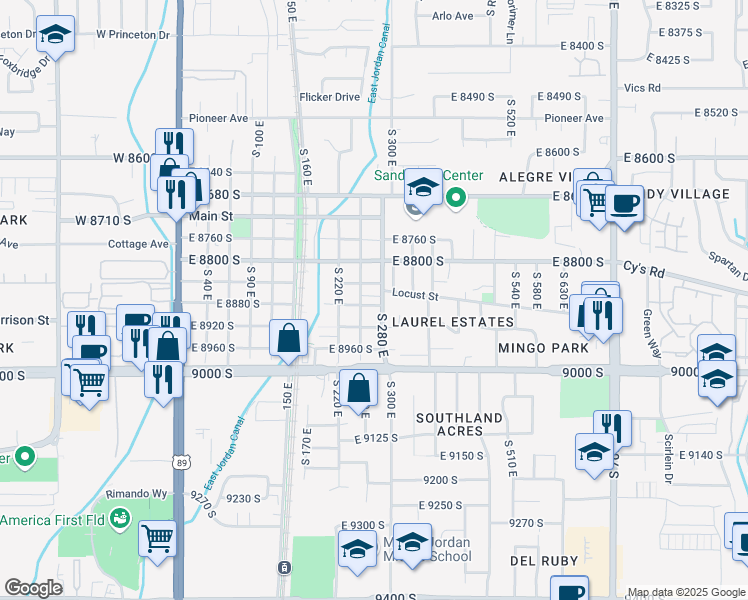 map of restaurants, bars, coffee shops, grocery stores, and more near 8897 South 280 East in Sandy