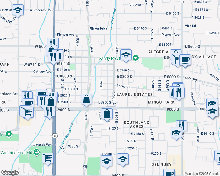 map of restaurants, bars, coffee shops, grocery stores, and more near 8897 South 280 East in Sandy