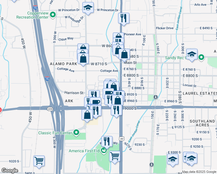 map of restaurants, bars, coffee shops, grocery stores, and more near 8870 State Street in Sandy