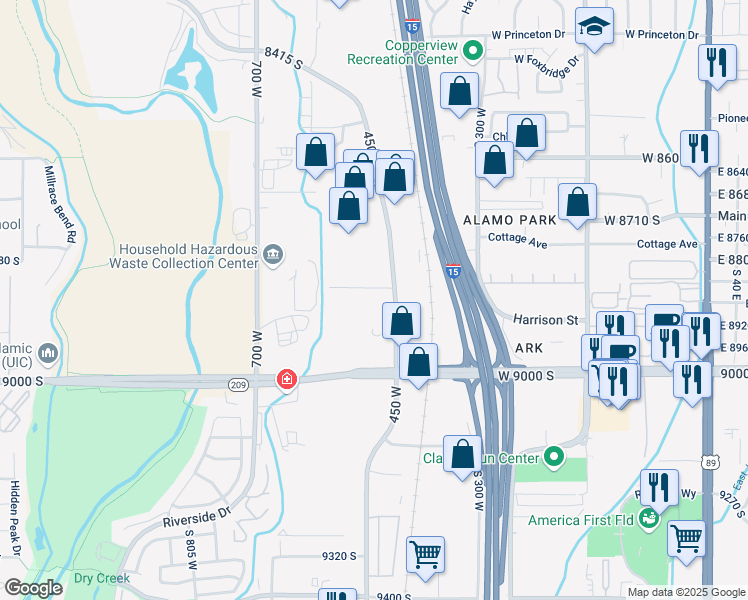 map of restaurants, bars, coffee shops, grocery stores, and more near 8886 Sandy Parkway in Sandy