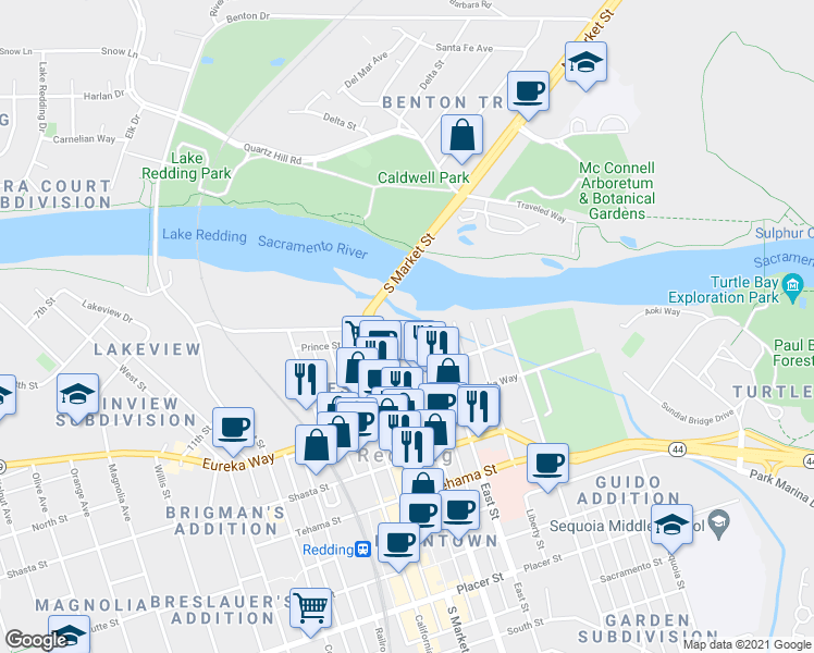 map of restaurants, bars, coffee shops, grocery stores, and more near 1046 East Street in Redding