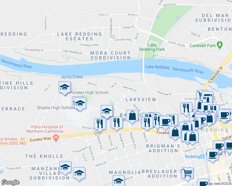 map of restaurants, bars, coffee shops, grocery stores, and more near 15 Mary Street in Redding
