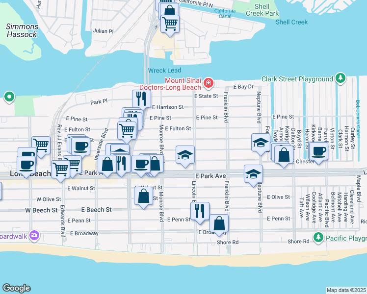 map of restaurants, bars, coffee shops, grocery stores, and more near 471 Lincoln Boulevard in Long Beach